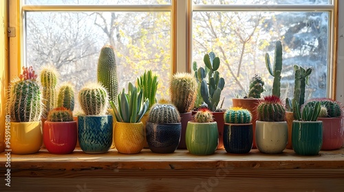 Vibrant Cactus Display on Wooden Shelf with Indoor Plant Arrangement in Colorful Ceramic Pots