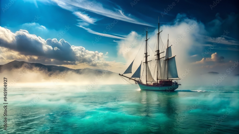 A delicate spray of sea mist surrounds a majestic sailboat as it glides effortlessly across the turquoise waters, its sails billowing in the gentle morning breeze. A delicate spray of sea mist surrounds a majestic sailboat as it glides effortlessly across the turquoise waters, its sails billowing in the gentle morning breeze.