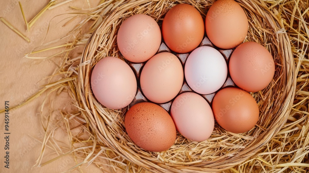 A natural nest filled with fresh brown and white eggs surrounded by straw, showcasing the beauty of farm life and freshness. A natural nest filled with fresh brown and white eggs surrounded by straw, showcasing the beauty of farm life and freshness.