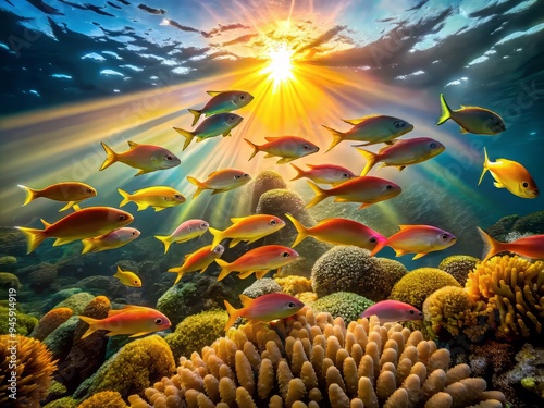 Golden light spills over a school of rainbow-hued fish as they swim in syncopated rhythm above a coral garden at dawn. photo