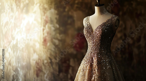 A sparkling, beaded dress on a mannequin, with a warm, blurry floral background.