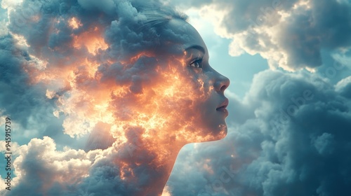 A person with cloud-like hair in a dreamy sky symbolizing imagination, dreams, and surrealism.