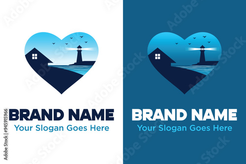 simple modern home beach sea lighthouse love shape logo design vector illustration
