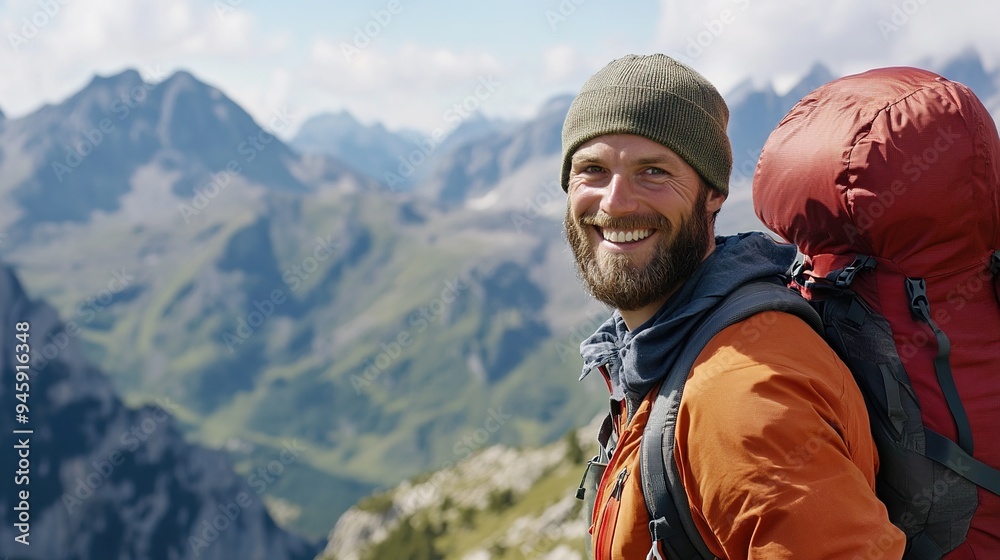 Mountains and hiking with man, smile and journey with nature, sunshine and getaway trip. Hobby, person and hiker with backpack, adventure and environment with happiness.