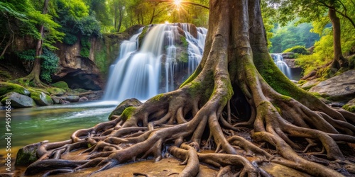 Ancient, gnarled tree roots burst forth from the rocks, as if the falls' energy has awakened a hidden, slumbering world.