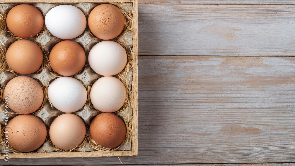 A beautiful arrangement of brown and white eggs in a wicker basket, set against a rustic wooden background. A beautiful arrangement of brown and white eggs in a wicker basket, set against a rustic wooden background.