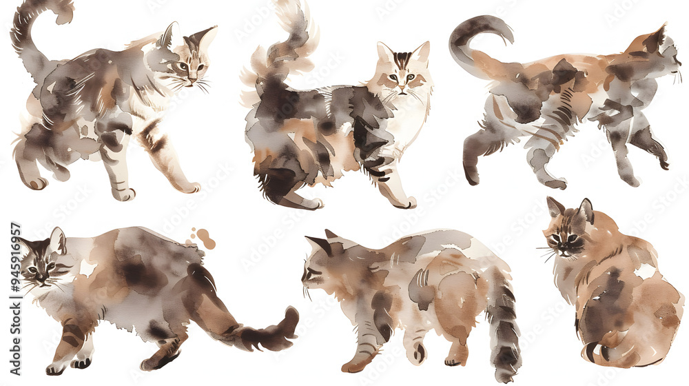 Fototapeta premium set of watercolor cats illustrations, cat illustration, positions, png model sheet realistic character design on white background, hand drawn painting on wet canvas, real kittens posing
