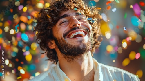 Joyful young man laughing, confetti falling, bright lighting, colorful celebration atmosphere, close-up portrait, genuine smile, curly hair, white shirt, festive mood, vibrant party scene.