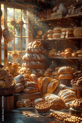 A rustic bakery brimming with freshly baked bread, bathed in warm, golden sunlight streaming through a window