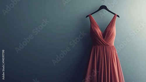 A coral colored maxi dress hanging on a hanger against a blue wall.