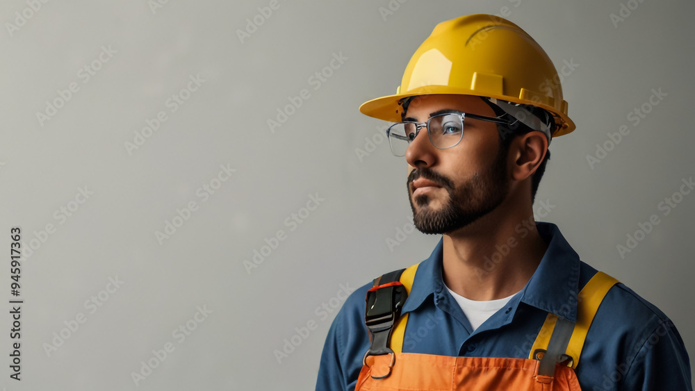A worker portrait with yellow helmet on white background Happy labor day celebration A Labor with copy space background banner A worker portrait with yellow helmet on white background Happy labor day celebration A Labor with copy space background banner