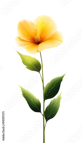 Vibrant yellow flower with green leaves against a white background, highlighting the delicate beauty and simplicity of nature.