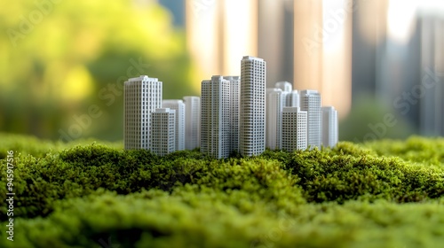 Miniature skyscraper models, architectural scale model, white 3D-printed buildings, vibrant green moss base, sustainable city concept, soft focus background, clean aesthetic.