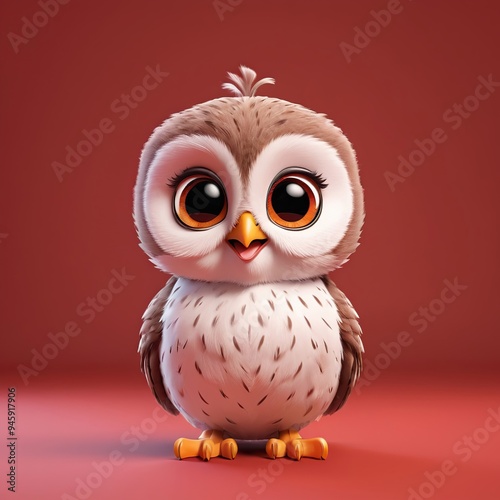 Cute cartoon funny smiling bird baby owl 3D photo