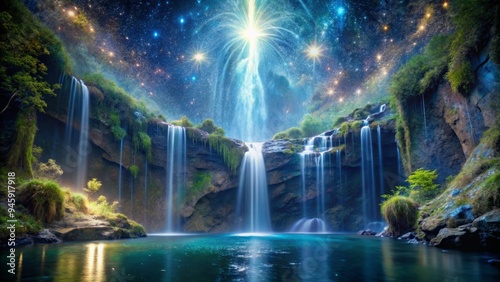 Within the falls' depths, a shimmering pool of stardust holds the secrets of the universe, waiting for those brave enough to dive in and explore.