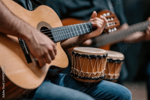 Latino Musicians: A close-up of hands playing traditional Latin instruments like the guitar, maracas, or congas, emphasizing the musical heritage.