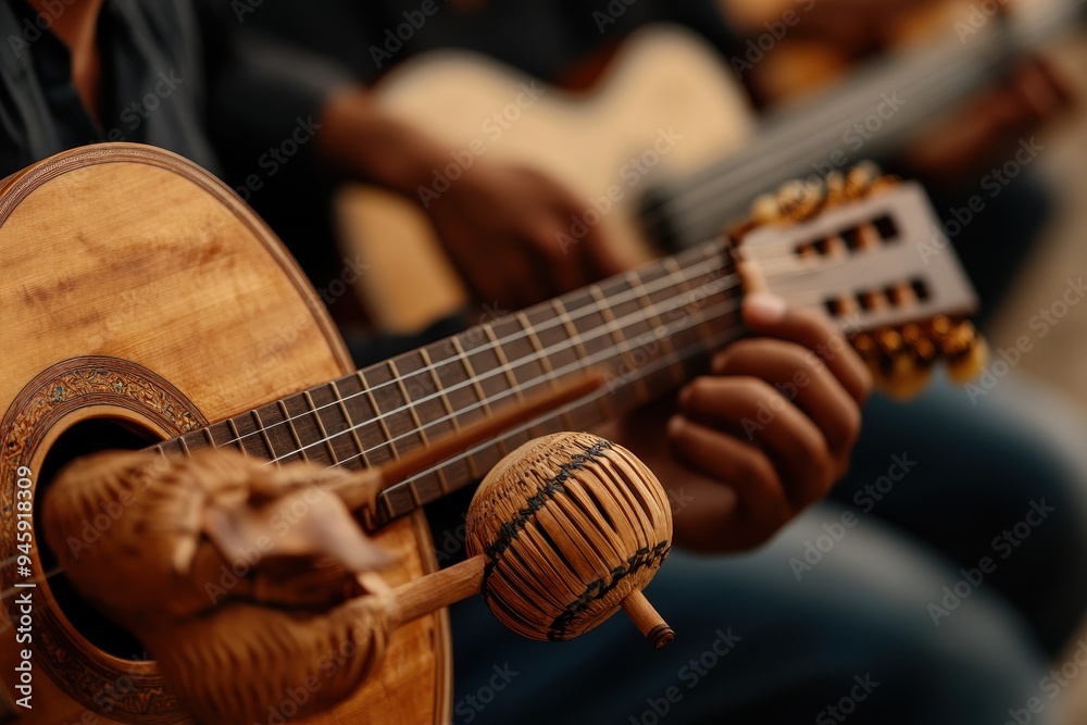 Fototapeta premium Latino Musicians: A close-up of hands playing traditional Latin instruments like the guitar, maracas, or congas, emphasizing the musical heritage.