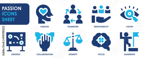 A set of solid icons related to Passion. Passion, teamwork, responsibility, vision, strategy, collaboration, honesty, focus, and leadership. Vector flat icons set.
