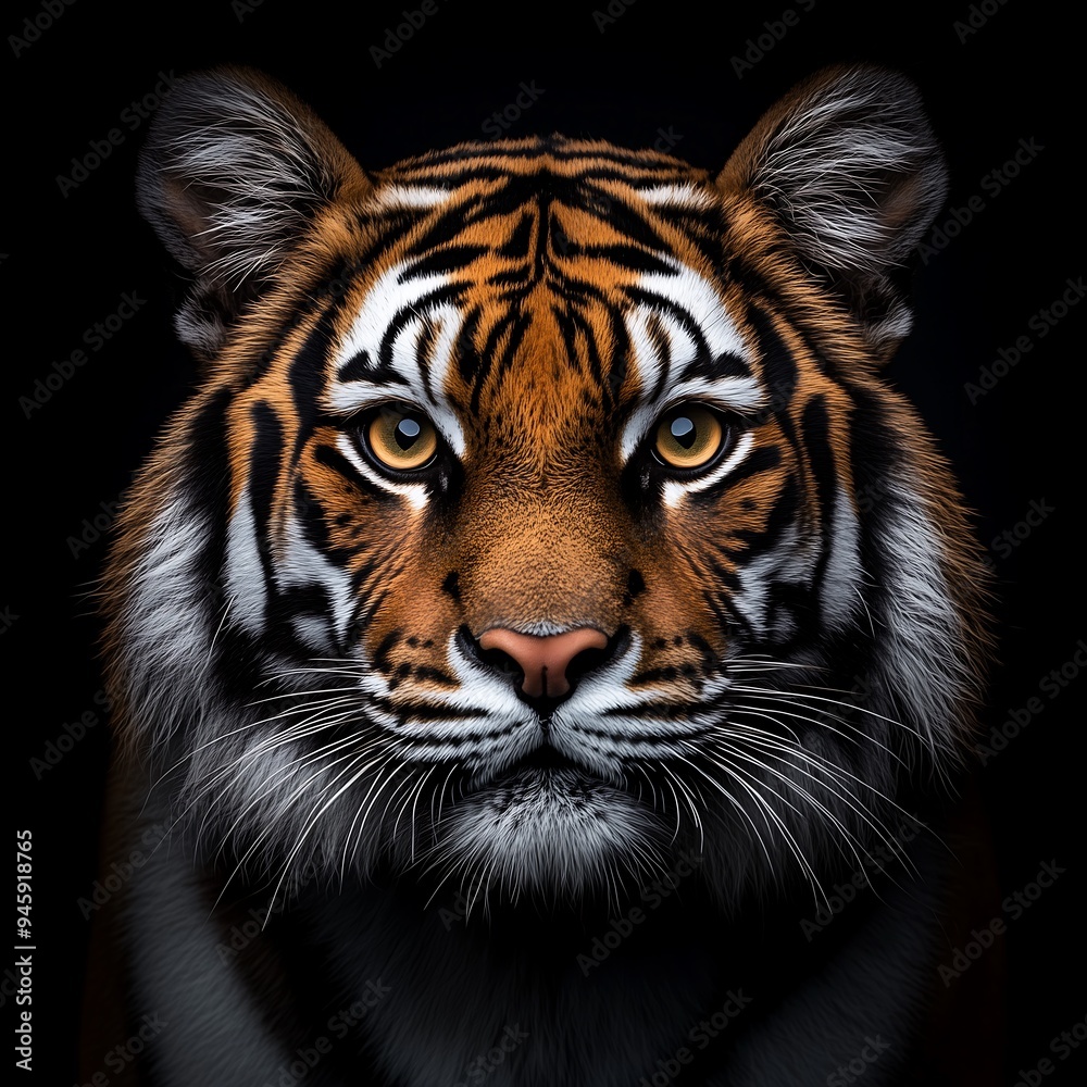 Intense tiger face emerging from the darkness
