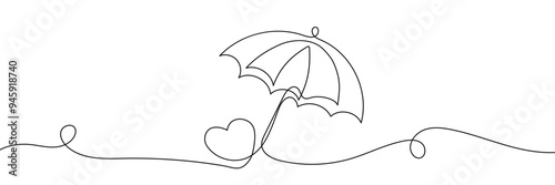 Continuous one line drawing of umbrella with heart. opened umbrella line art vector illustration. Editable stroke.