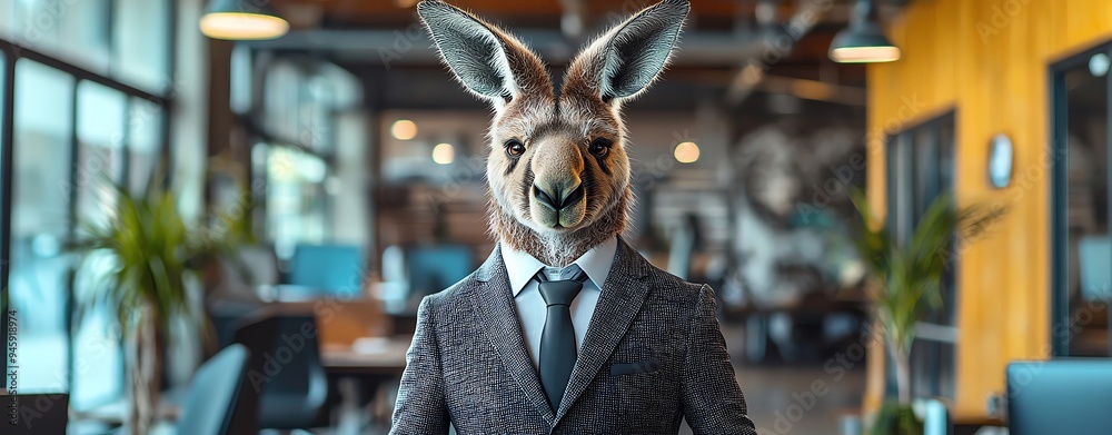 A surreal image of a kangaroo dressed in a suit, blending professional and whimsical elements in a modern office setting. A surreal image of a kangaroo dressed in a suit, blending professional and whimsical elements in a modern office setting.