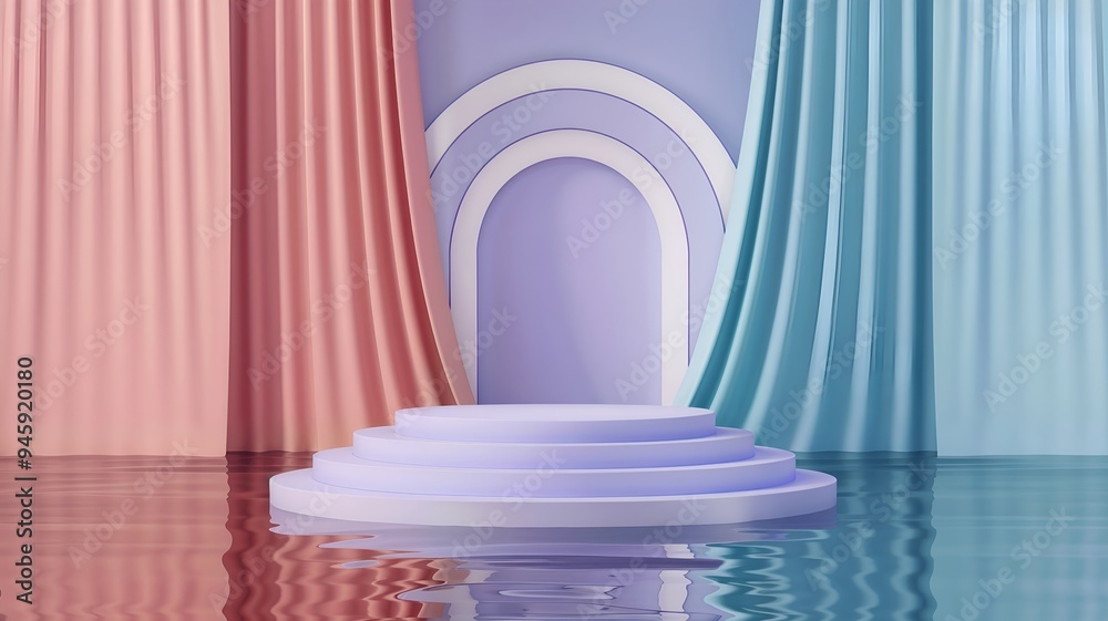 Elegant Pastel 3D Platform Podiums With Wavy Curtains And Reflective Water Surfaces – Minimalist 3D Render Abstract Mockups For Cosmetic And Product Promotion Display