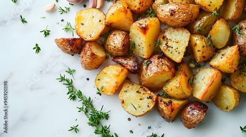 Roasted golden potatoes, white marble countertop, fresh herbs scattered, garlic cloves, crispy edges, seasoned with rosemary and thyme, rustic food photography, overhead view.