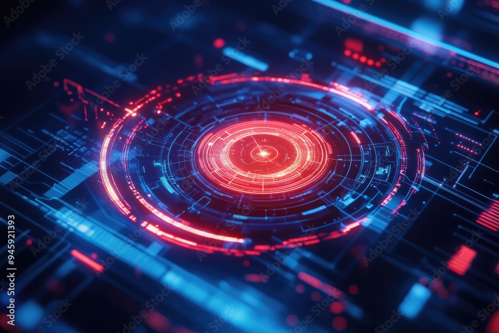 Obraz premium Futuristic graphic showcasing vibrant circular patterns and digital elements in blue and red tones, representing technology and innovation.