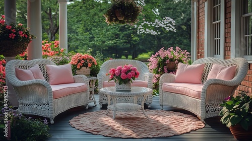 Elegant white wicker patio furniture surrounded by vibrant pink flowers
