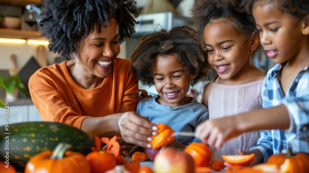 Happy Multiracial Family Enjoying Pumpkin Carving Activity for Halloween Celebration in a Cozy Home Kitchen. Generative ai Happy Multiracial Family Enjoying Pumpkin Carving Activity for Halloween Celebration in a Cozy Home Kitchen. Generative ai