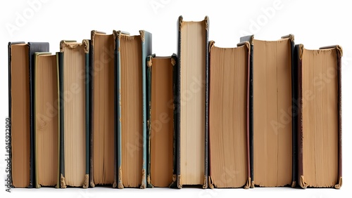 Neatly Arranged Stack of Books with Visible Spines on White Background Reading Collection