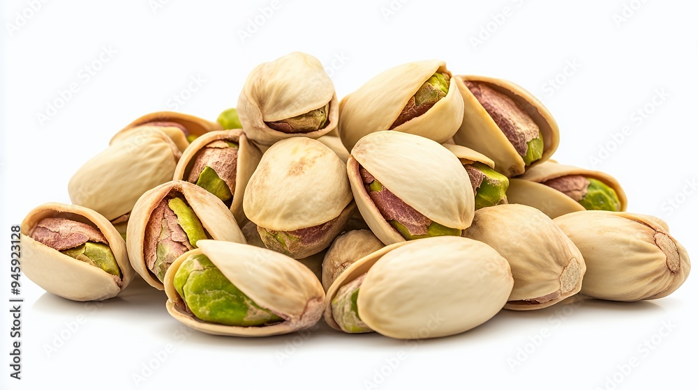 A pile of open pistachio nuts showcasing their green kernels and beige shells. A pile of open pistachio nuts showcasing their green kernels and beige shells.