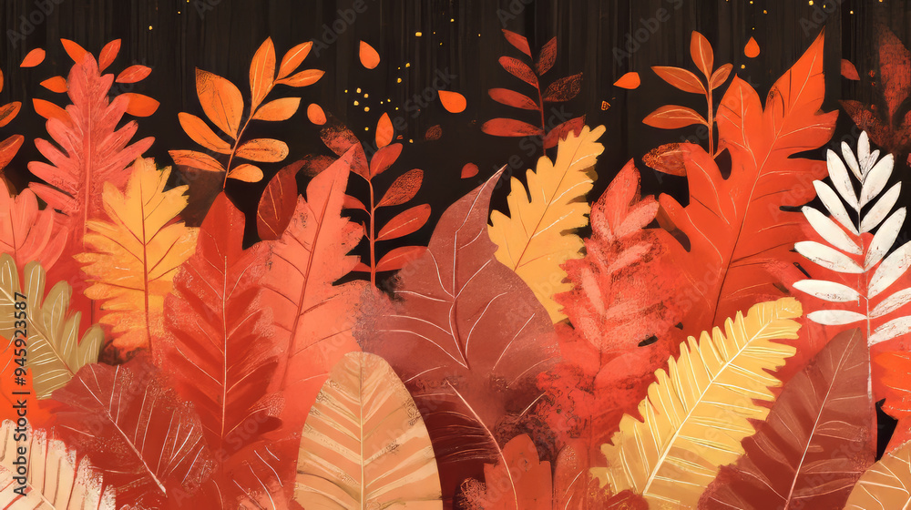 Illustration of colorful autumn leaves in shades of orange, red, and yellow against a dark background, capturing fall's essence.
Illustration of colorful autumn leaves in shades of orange, red, and yellow against a dark background, capturing fall's essence.