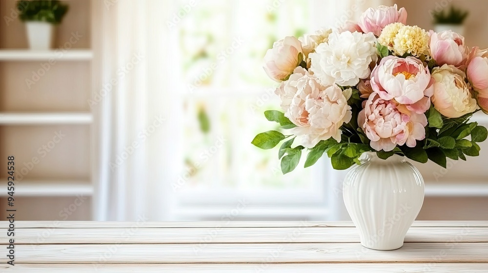 A beautiful arrangement of pastel flowers sits elegantly in a white vase on a table, enhancing the light ambiance of a softly illuminated interior with blurred elements A beautiful arrangement of pastel flowers sits elegantly in a white vase on a table, enhancing the light ambiance of a softly illuminated interior with blurred elements