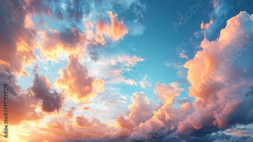 Stunning Panoramic Sunset Over Dramatic Clouds, Cinematic Skyscape with Rich Blue and Orange Tones, Capturing the Essence of Nature's Grandeur photo