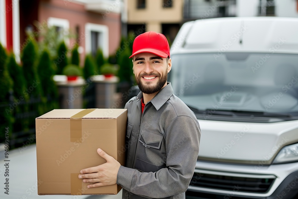 Smiling courier in red cap holding a package near a van Smiling courier in red cap holding a package near a van