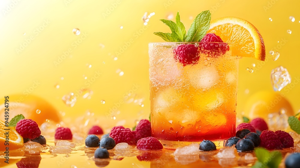 Vibrant fruit cocktails, ombre effect from red to yellow, ice cubes, orange slice garnish, mint leaves, raspberries and blueberries in foreground, bubbles floating, bright light yellow background. Vibrant fruit cocktails, ombre effect from red to yellow, ice cubes, orange slice garnish, mint leaves, raspberries and blueberries in foreground, bubbles floating, bright light yellow background.