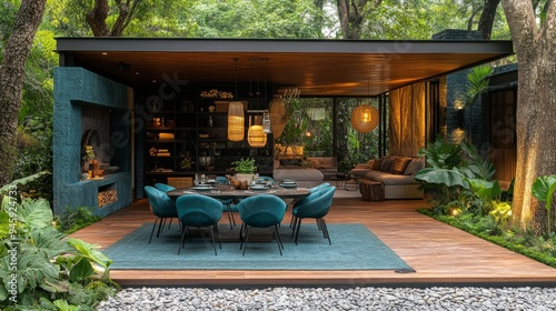 Luxury outdoor living space with a dining area, lounge, and modern decor