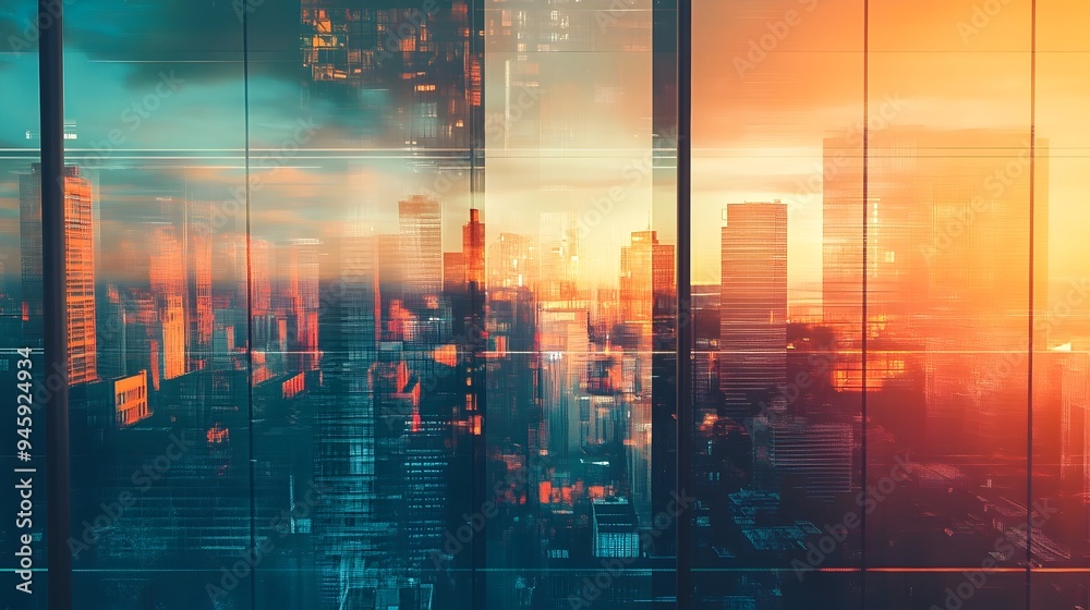 Fototapeta premium A conceptual and abstract image showcasing a window reflection that distorts and transforms the cityscape creating a surreal and captivating visual effect with ample copy space