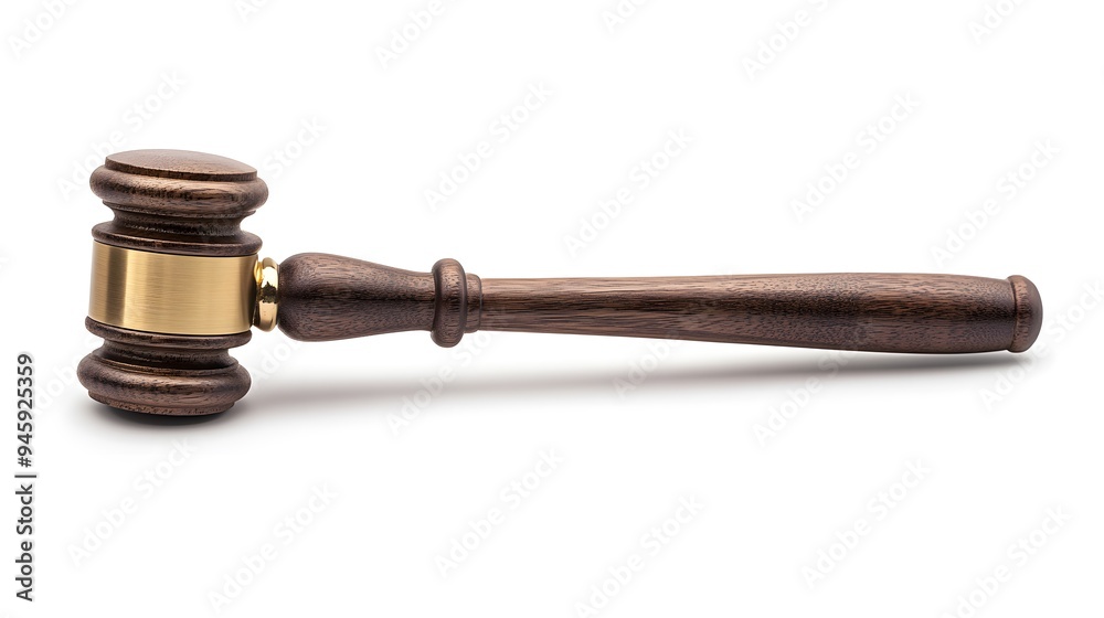 Wooden judge's gavel with brass band, detailed grain texture, rich brown color, circular sound block, pure white background, high resolution, sharp focus, studio lighting. Wooden judge's gavel with brass band, detailed grain texture, rich brown color, circular sound block, pure white background, high resolution, sharp focus, studio lighting.