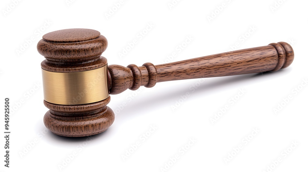 Wooden judge's gavel with brass band, detailed grain texture, rich brown color, circular sound block, pure white background, high resolution, sharp focus, studio lighting. Wooden judge's gavel with brass band, detailed grain texture, rich brown color, circular sound block, pure white background, high resolution, sharp focus, studio lighting.