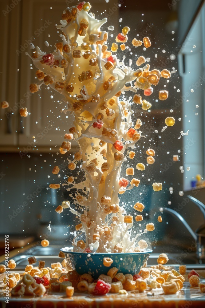 A close-up photo of a bowl of cereal with milk exploding, creating a dramatic, abstract composition of milk, cereal, and droplets A close-up photo of a bowl of cereal with milk exploding, creating a dramatic, abstract composition of milk, cereal, and droplets