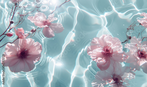 Water background. Pink aqua texture, surface of ripples, transparent, flower, shadows and sunlight. Spa and cosmetic concept background. Flat lay, top view, copy space