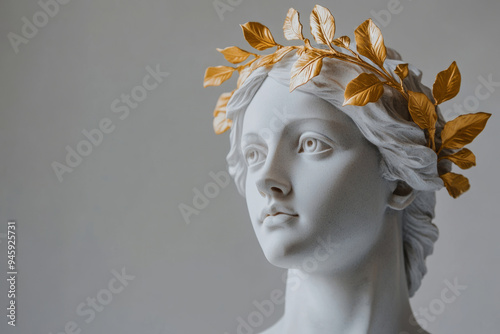 Antique statue of an attractive woman is wearing golden laurel wreath crown