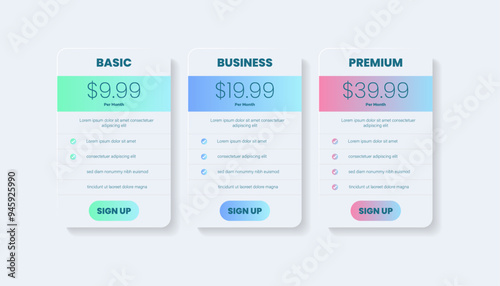 Website UI elements for pricing plans or subscriptions. Product and price comparison table.