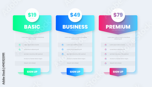 Website UI elements for pricing plans or subscriptions. Product and price comparison table.