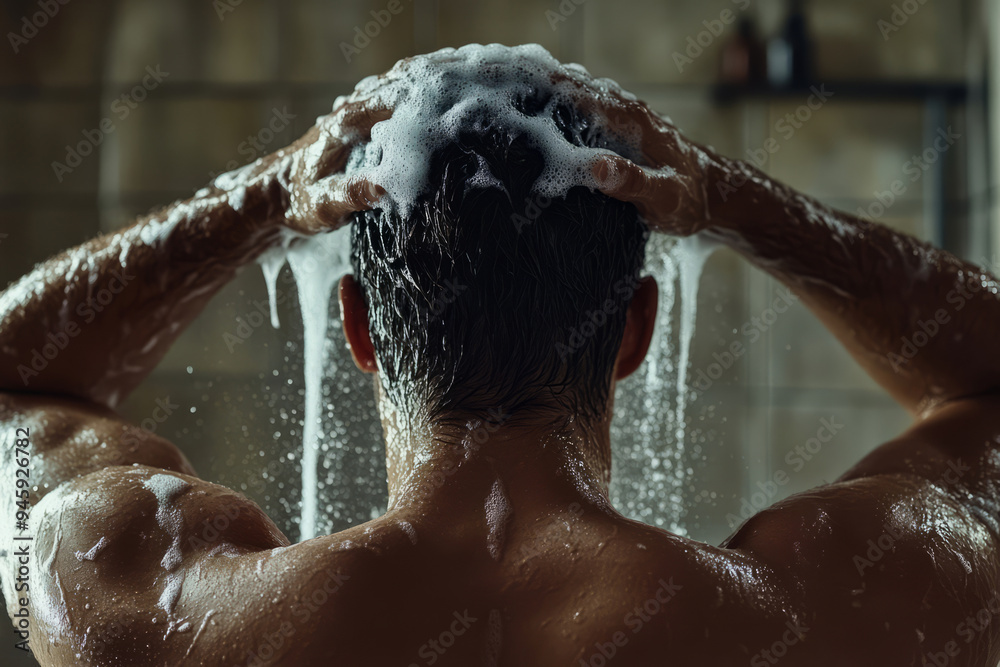 Fototapeta premium Closeup of a man washing his hair with shampoo