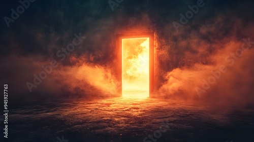 A conceptual image depicting a door opening into a bright unknown world symbolizing the vast potential and possibilities that lie beyond the familiar The scene evokes a sense of curiosity wonder