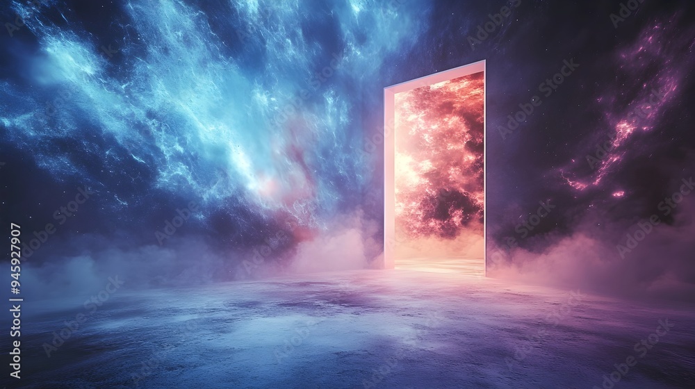 A conceptual image depicting a door opening into a bright unknown world hinting at the vast potential and infinite possibilities that lie beyond the threshold A conceptual image depicting a door opening into a bright unknown world hinting at the vast potential and infinite possibilities that lie beyond the threshold