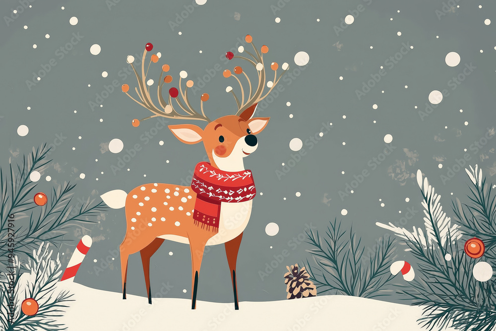 Deer wearing scarf stands on the snow. Winter season. Christmas background, book covering. Deer wearing scarf stands on the snow. Winter season. Christmas background, book covering.